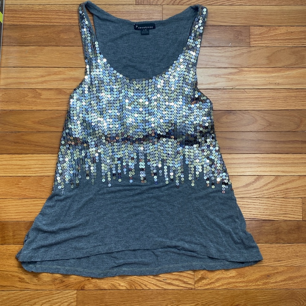 Twenty One Sequined Tank Top Racerback with bra shelf— go braless! Size Large